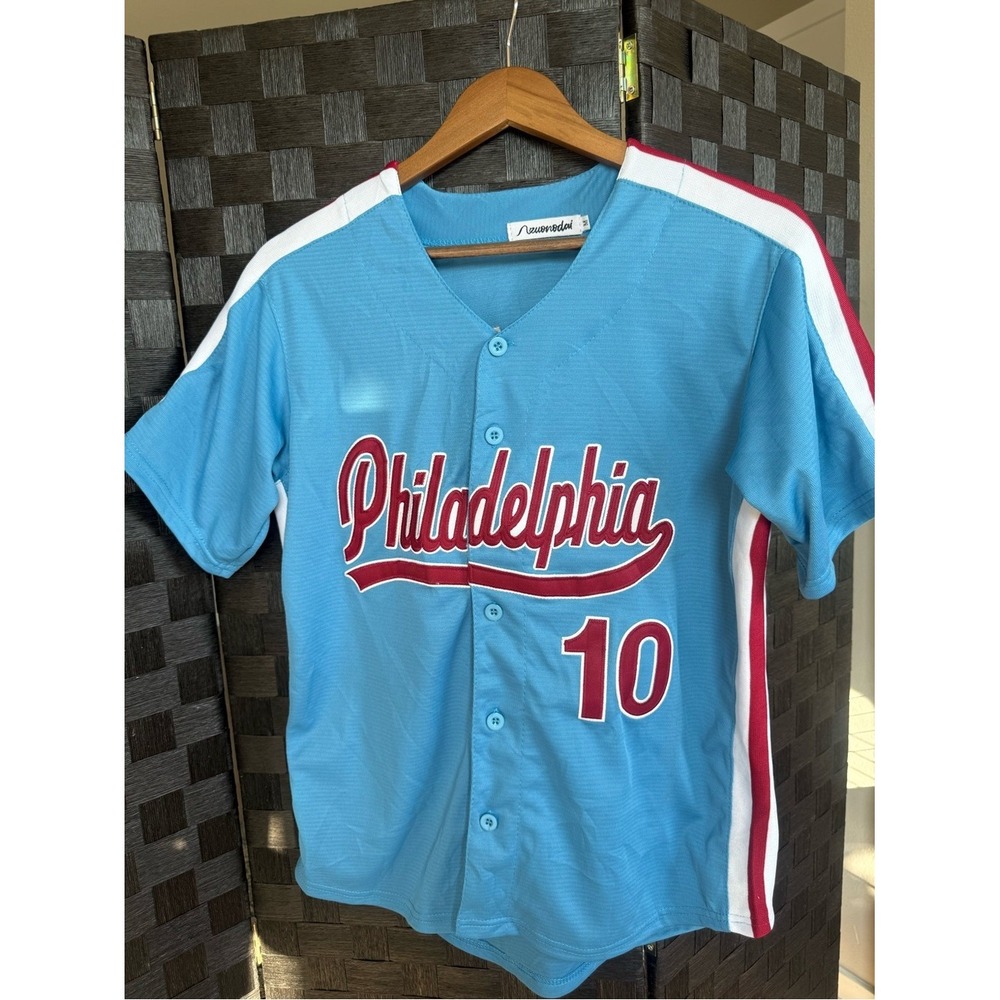 Philadelphia Realmuto 10 Kids Baseball Jersey Light Blue Red Trim Size M